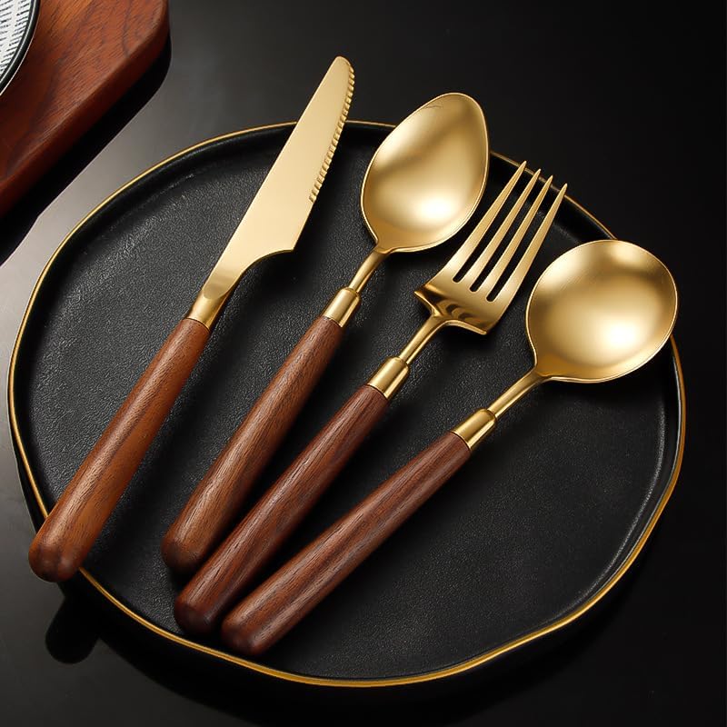 Cutlery Set, 4/16/24/32 Pieces Wooden Handle 304 Stainless Steel Steak Knife, Fork and Spoon Restaurant Household Tableware Knife and Fork Set, Cutlery Flatware Set,Gold-6Set-24Pcs - Image 3