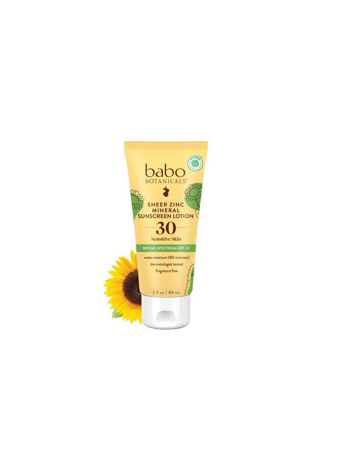 Babo Botanicals لوشن واقي من الشمس بالزنك بعامل حماية من الشمس 30 مع 100% من العناصر المعدنية النشطة، غير دهني، مقاوم للماء، خالٍ من العطور، نباتي، للأطفال أو البشرة الحساسة، شفاف، 3 أونصة سائلة - Image 1