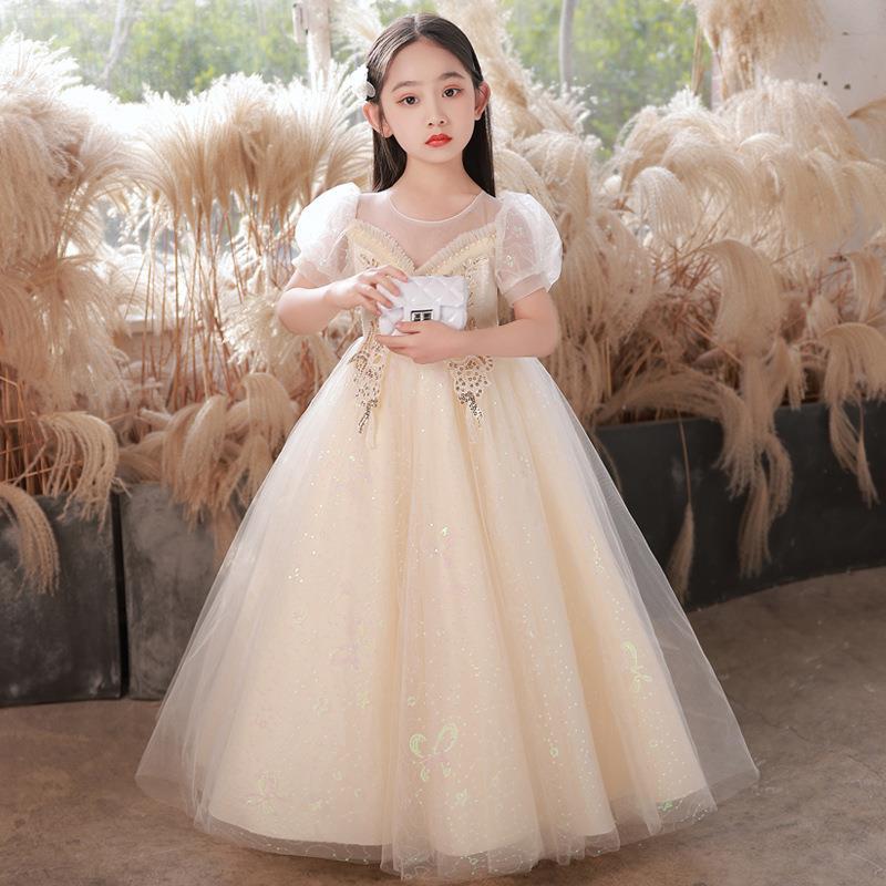 Childrens Long Wedding Dress Tulle Princess Gown Champagne long short sleeve 
