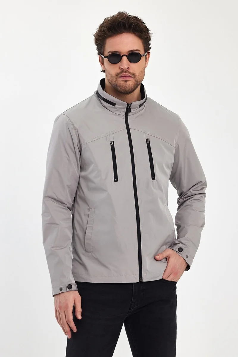 Sivaist Men's Cream Mandarin Collar Multi-Pocket Water and Wind Repellent Seasonal Coat & Jacket