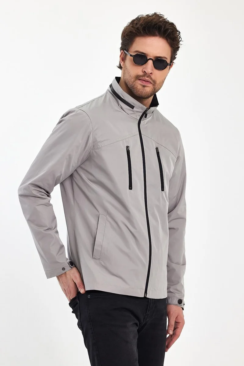 Sivaist Men's Cream Mandarin Collar Multi-Pocket Water and Wind Repellent Seasonal Coat & Jacket