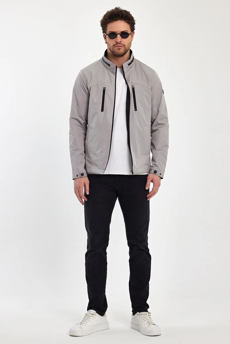 Sivaist Men's Cream Mandarin Collar Multi-Pocket Water and Wind Repellent Seasonal Coat & Jacket