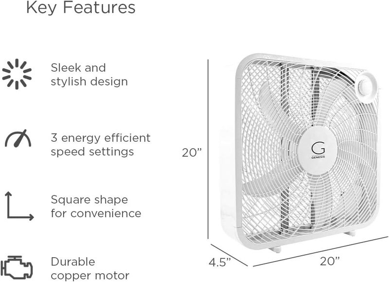 GENESIS مروحة صندوقية 20 بوصة، 3 إعدادات، تقنية التبريد القصوى، مقبض حمل، بيضاء (G20BOX-WHT) - Image 5