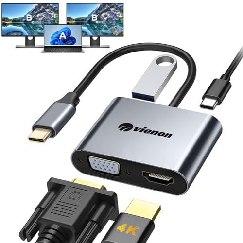 VIENON USB C to HDMI VGA Adapter for Dual Monitor, 4 in 1 USB C Hub with 4K HDMI, 1080P VGA, USB 3.0 5Gbps, 100W PD Compatible for MacBook Air/Pro, Dell XPS, Surface, iMac More - Image 1