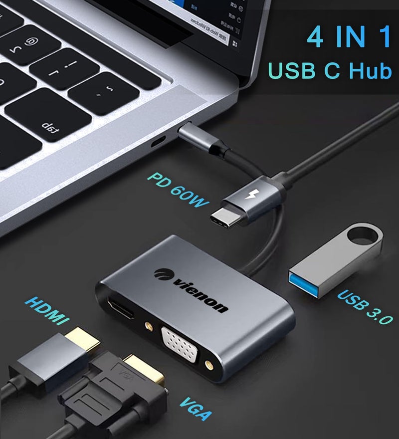 VIENON USB C to HDMI VGA Adapter for Dual Monitor, 4 in 1 USB C Hub with 4K HDMI, 1080P VGA, USB 3.0 5Gbps, 100W PD Compatible for MacBook Air/Pro, Dell XPS, Surface, iMac More - Image 2