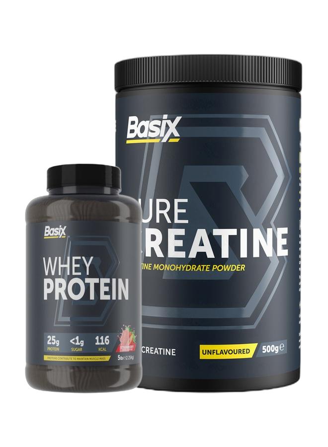 Basix Exclusive Bunde Offer - Whey Protein Strawberry Swirl 5Lb and Pure Creatine Unflavored 500 Gm - Image 1