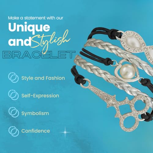 Infinity Collection Hair Stylist Bracelet – Black and Silver Braided Wrap Bracelet with Rhinestone Infinity, Pearl Heart & Scissor Charms – Jewelry Gift for Hairdressers & Cosmetologists - Image 4