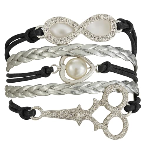 Infinity Collection Hair Stylist Bracelet – Black and Silver Braided Wrap Bracelet with Rhinestone Infinity, Pearl Heart & Scissor Charms – Jewelry Gift for Hairdressers & Cosmetologists - Image 1