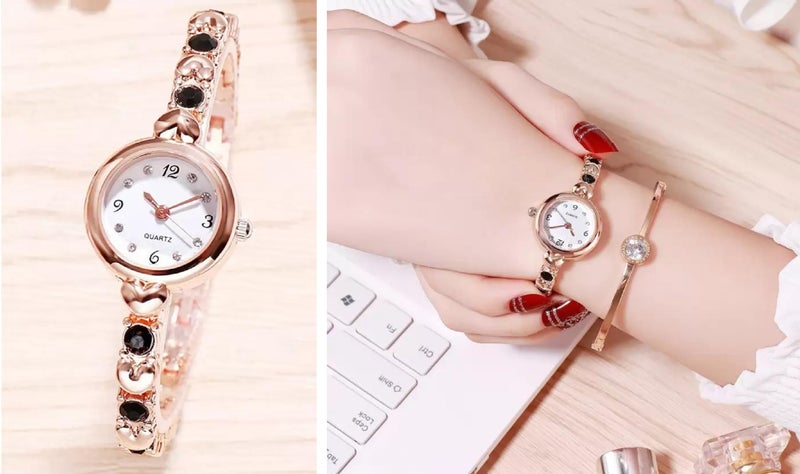 Acnos Stainless Steel Analogue White Dial Rosegold Bengle Black White Diamond Watch Gift For Girls Women Watch For Girl Or Women Combo Of 2, Rose Gold Band - Image 2