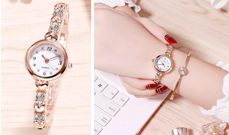 Acnos Stainless Steel Analogue White Dial Rosegold Bengle Black White Diamond Watch Gift For Girls Women Watch For Girl Or Women Combo Of 2, Rose Gold Band - Image 3