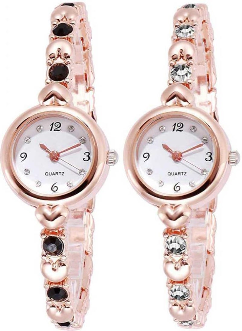 Acnos Stainless Steel Analogue White Dial Rosegold Bengle Black White Diamond Watch Gift For Girls Women Watch For Girl Or Women Combo Of 2, Rose Gold Band - Image 1