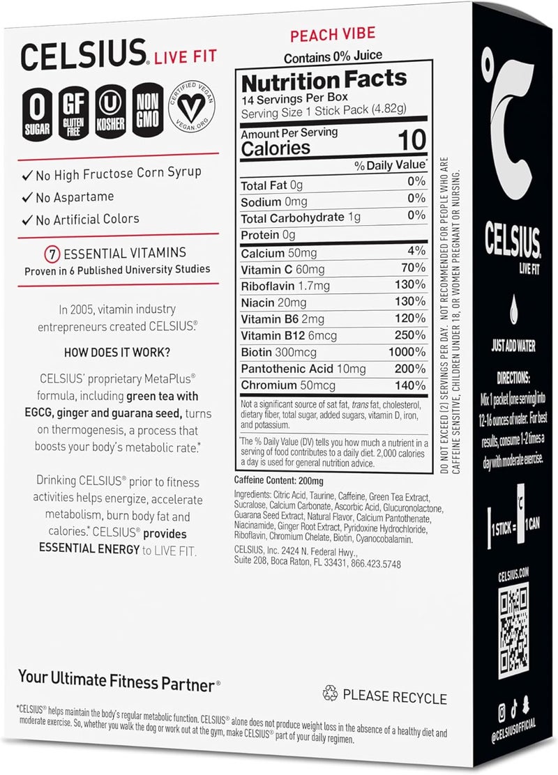 CELSIUS مشروب الطاقة الخالي من السكر CELSIUS On The Go بنكهة الخوخ - 14 عبوة ستيك - Image 2