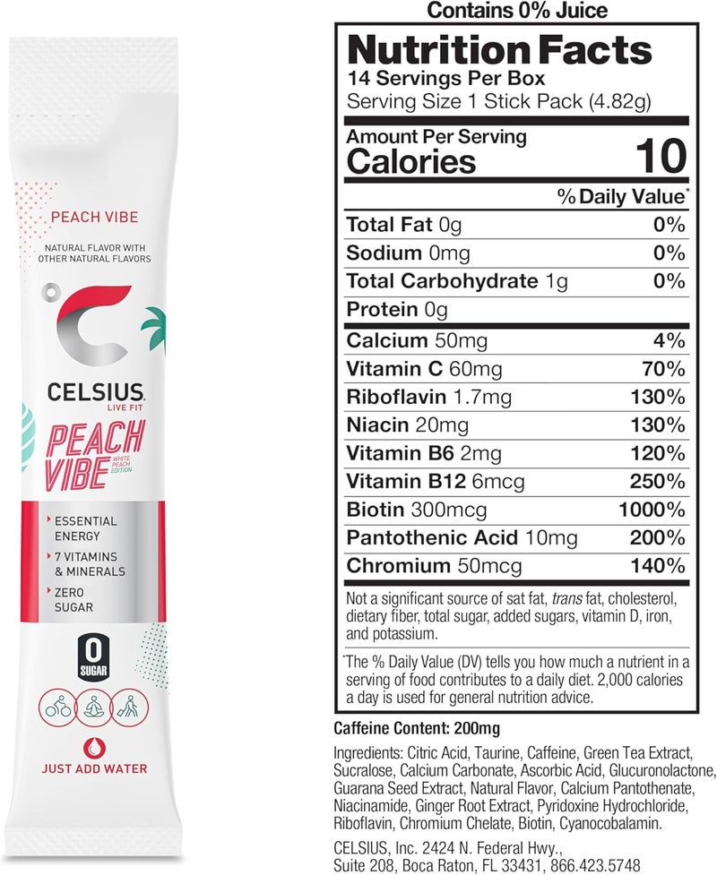 CELSIUS مشروب الطاقة الخالي من السكر CELSIUS On The Go بنكهة الخوخ - 14 عبوة ستيك - Image 3