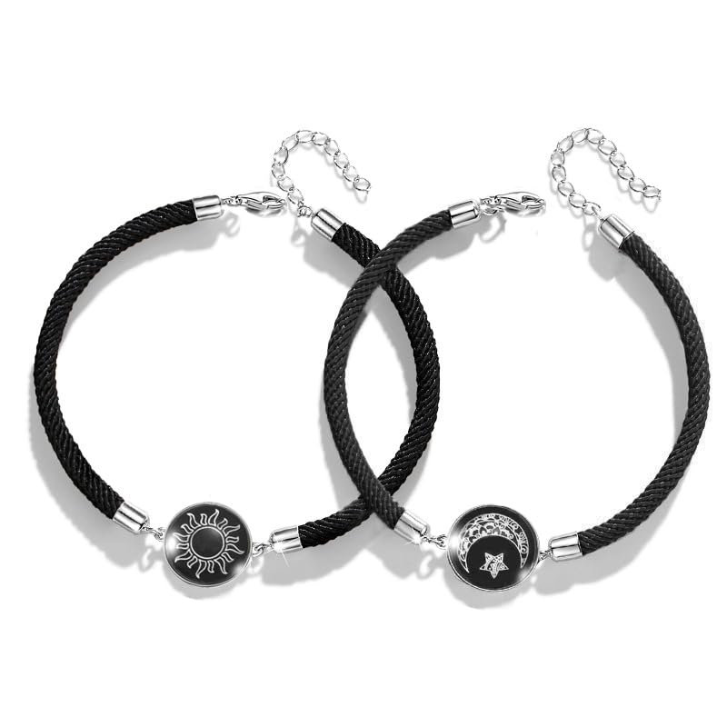 OIDIMS سوار يد مزدوج من الشمس والقمر مضيء في الليل مصنوع يدويًا حبل قابل للتعديل وعد مطابقة هدية زفاف حب صداقة ذكرى عيد الحب للنساء والرجال (أسود) - Image 1
