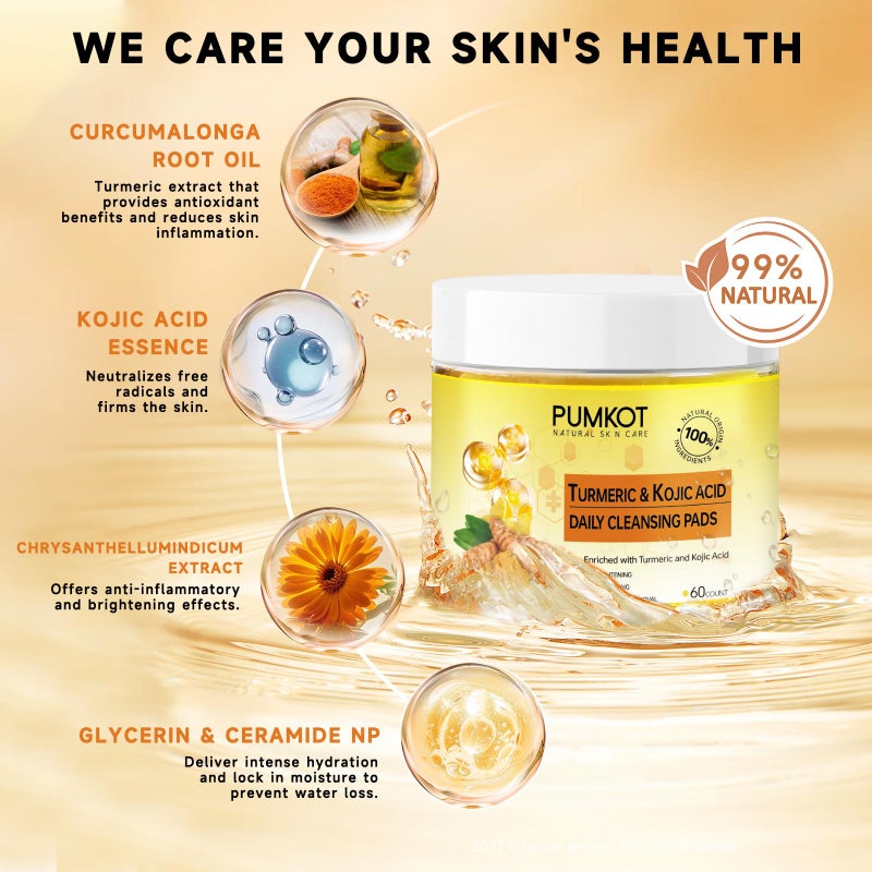 Pumkot Turmeric Kojic Acid Cleansing Pads, Turmeric Face Scrub Pads Enriched with Kojic Acid, 60PCS - Image 2