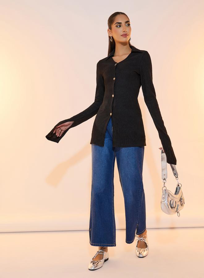 Take Two Textured Polo Neck Knit Top with Slit Sleeves  - Image 2