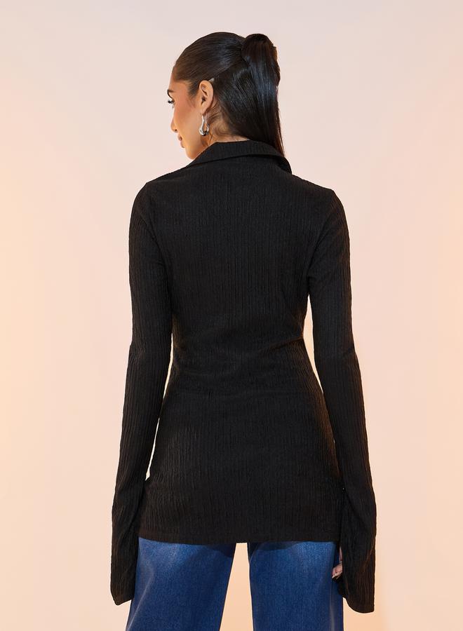 Take Two Textured Polo Neck Knit Top with Slit Sleeves  - Image 4