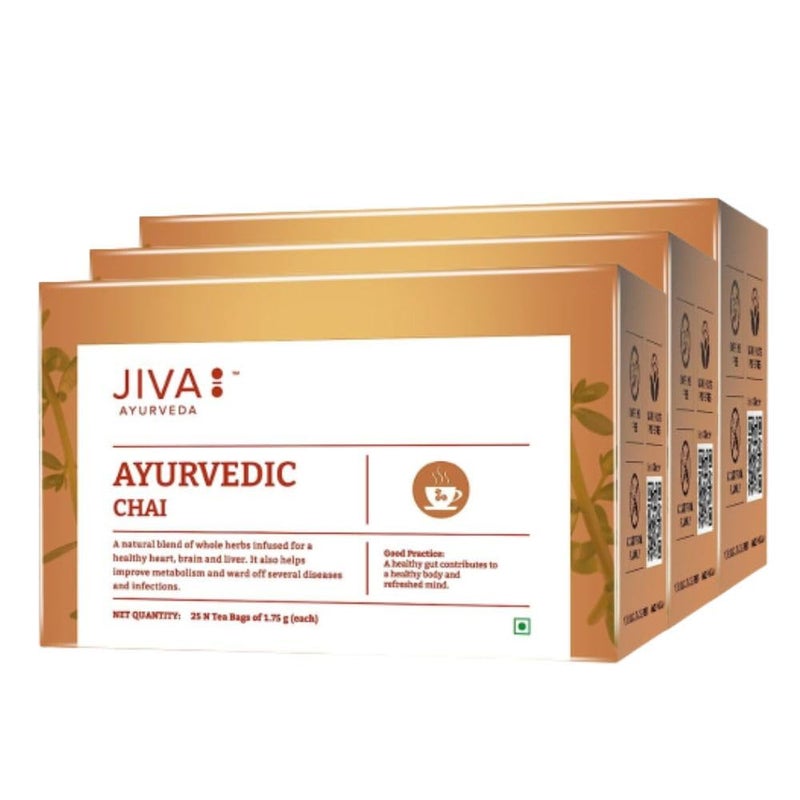 Jiva Ayurvedic Chai- 25 Tea Bags | Caffeine-Free Tea For Healthy Heart, Brain, and Liver | Boosts Immunity, Lowers Cholesterol & Improves Digestion | No Artificial Flavour (Pack Of 3) - Image 1