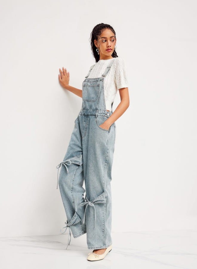 CIDER Overalls for Women Denim Bow knot Jumpsuits Adjusable Strap Jean Overall with Pockets, Blue, XL - Image 3