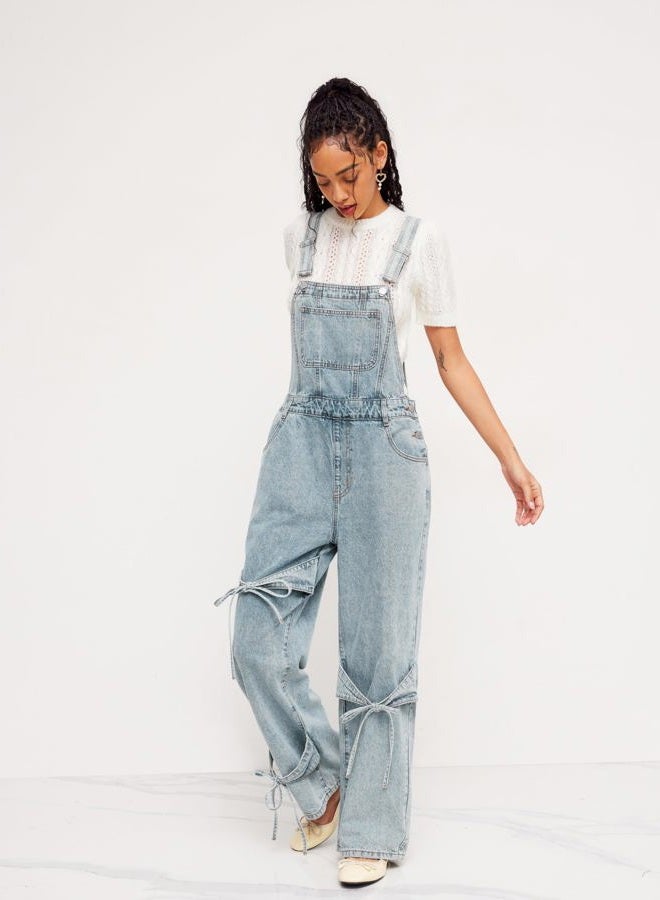 CIDER Overalls for Women Denim Bow knot Jumpsuits Adjusable Strap Jean Overall with Pockets, Blue, XL - Image 2