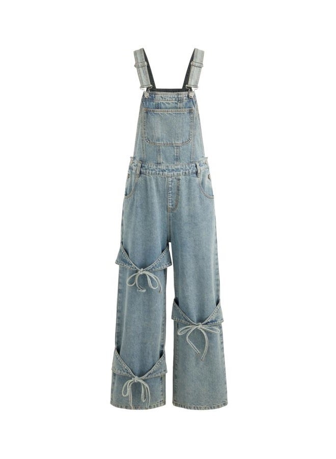 CIDER Overalls for Women Denim Bow knot Jumpsuits Adjusable Strap Jean Overall with Pockets, Blue, XL - Image 1