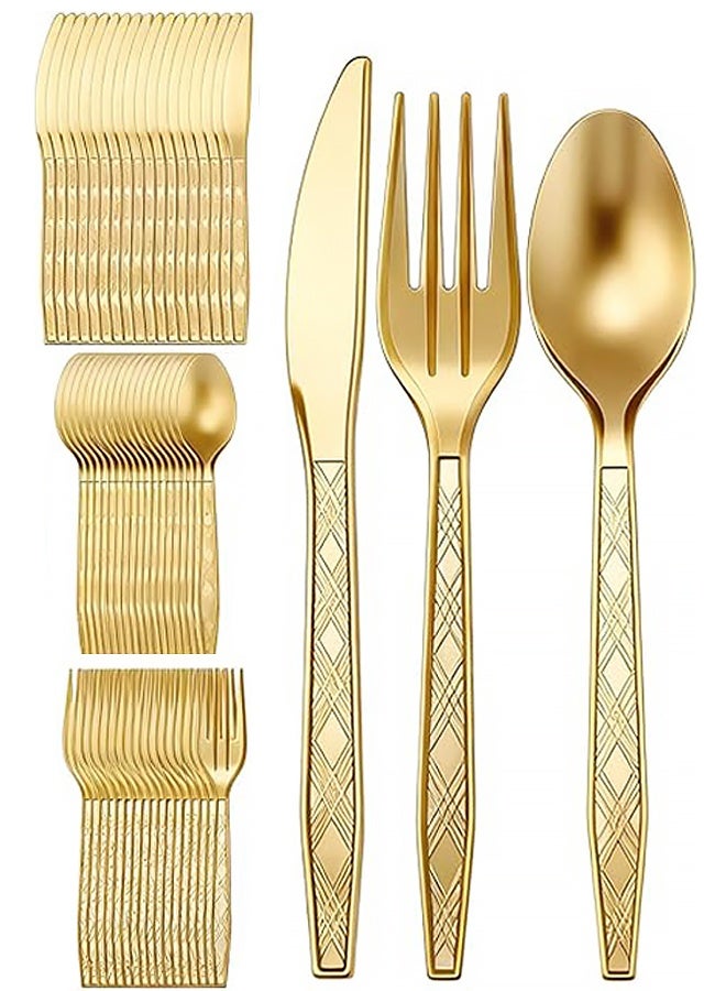 60 Pcs Gold Plastic Silverware Set Disposable Utensils Heavy Duty Gold Cutlery Includes 20 Plastic Knives 20 Disposable Forks 20 Spoons for Party Birthday Wedding Graduation Event - Image 1
