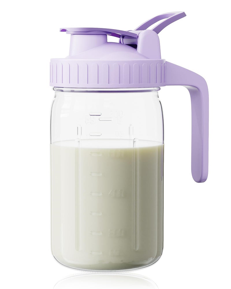 OneDream Breast Milk Pitcher, Mason Jar 32 oz, Heavy Duty Wide Mouth Jar with Purple Flip Cap Lid and Pour Spout, Formula Pitcher Airtight Seal for Freshness and Convenience, Great for Cold Beverages - Image 1