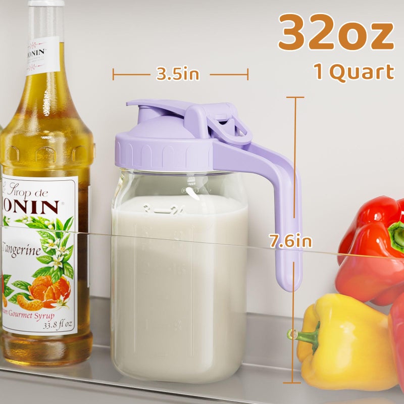 OneDream Breast Milk Pitcher, Mason Jar 32 oz, Heavy Duty Wide Mouth Jar with Purple Flip Cap Lid and Pour Spout, Formula Pitcher Airtight Seal for Freshness and Convenience, Great for Cold Beverages - Image 2