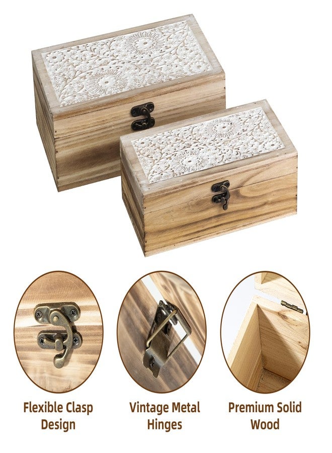 JUMBO HUMBLE Rustic Farmhouse Wood Decorative Boxes, Set of 2 Keepsake Box Wooden Box with Hinged Lid and Floral Carved Design, Decorative Boxes for Home Decor (Brown) - Image 3