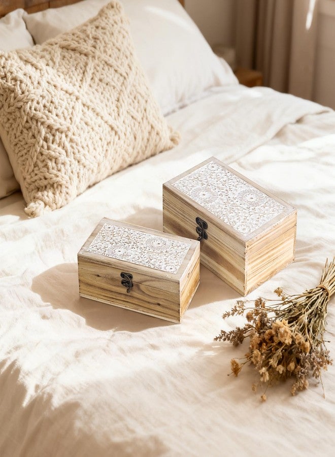 JUMBO HUMBLE Rustic Farmhouse Wood Decorative Boxes, Set of 2 Keepsake Box Wooden Box with Hinged Lid and Floral Carved Design, Decorative Boxes for Home Decor (Brown) - Image 5