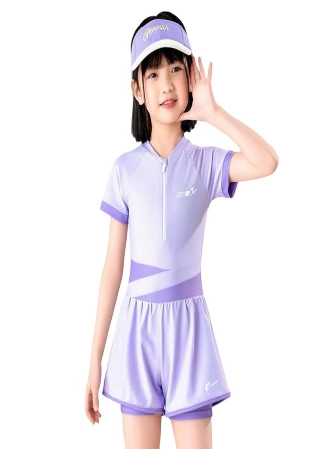 FABSPORTS Girls One-Piece Modest Swimsuit | Short Sleeve Sun Protection Rash Guard with Skirtini Bottom | Sporty Zip-Front Athletic Bathing Suit for Kids & Teens (Ages 2-16 Years) Purple - Image 1