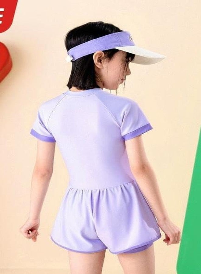 FABSPORTS Girls One-Piece Modest Swimsuit | Short Sleeve Sun Protection Rash Guard with Skirtini Bottom | Sporty Zip-Front Athletic Bathing Suit for Kids & Teens (Ages 2-16 Years) Purple - Image 4