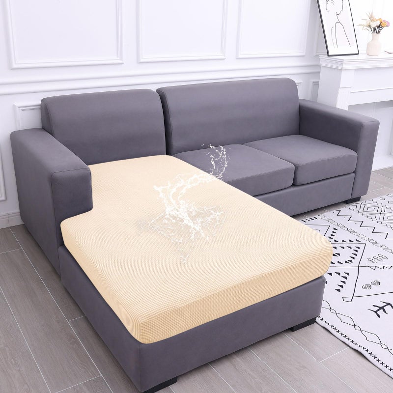 hyha Waterproof Sectional Couch Covers, Non Slip Sofa Couch Cushion Covers L Shape, Thick Stretch Jacquard Fabric, Washable Sofa Slipcovers with Elastic Bottom (1 Piece for Chaise XL, Beige) - Image 1