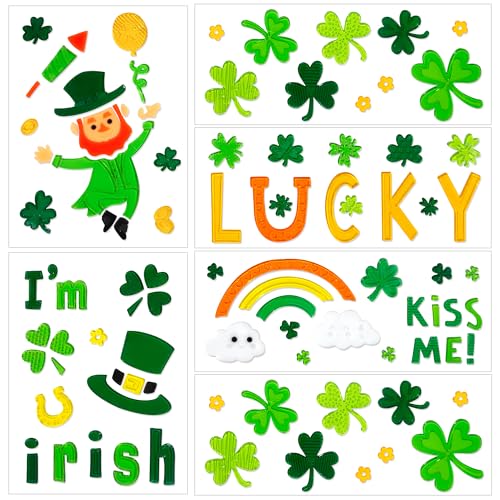 HOHUCRAB 6pcs St Patricks Day Window Clings Gel,Shamrock Top Hat Leprechaun Coins St Patricks Day Decor, St Patricks Day Decorations for Office Classroom, Holiday Window Clings for Party Supplies Gifts - Image 1