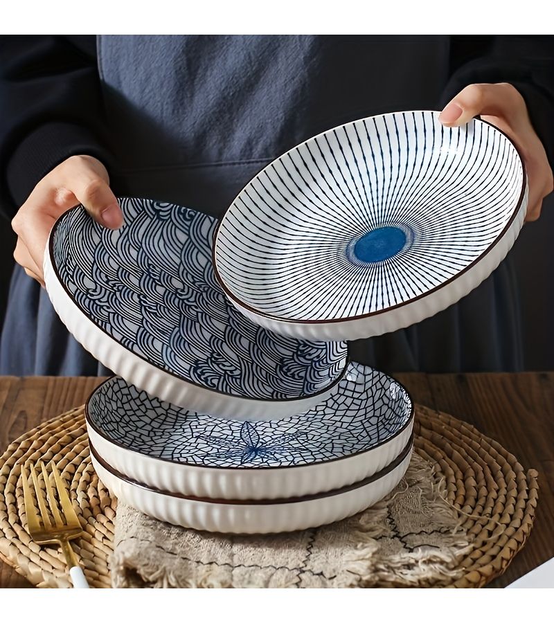 4 Ceramic Circular Plates Bowls Retro Novelty Patterns for Holiday Dining Gifts Versatile Home Kitchen Plates - Image 1