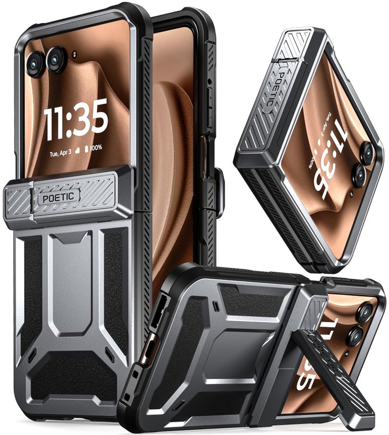 Poetic Spartan Case for Motorola Moto Razr + Plus 2024/Moto Razr+ Plus 2025,[Kickstand][Hinge Protection], Full-Body Rugged Shockproof Protective Cover with Kickstand, Metallic Gun Metal - Image 1