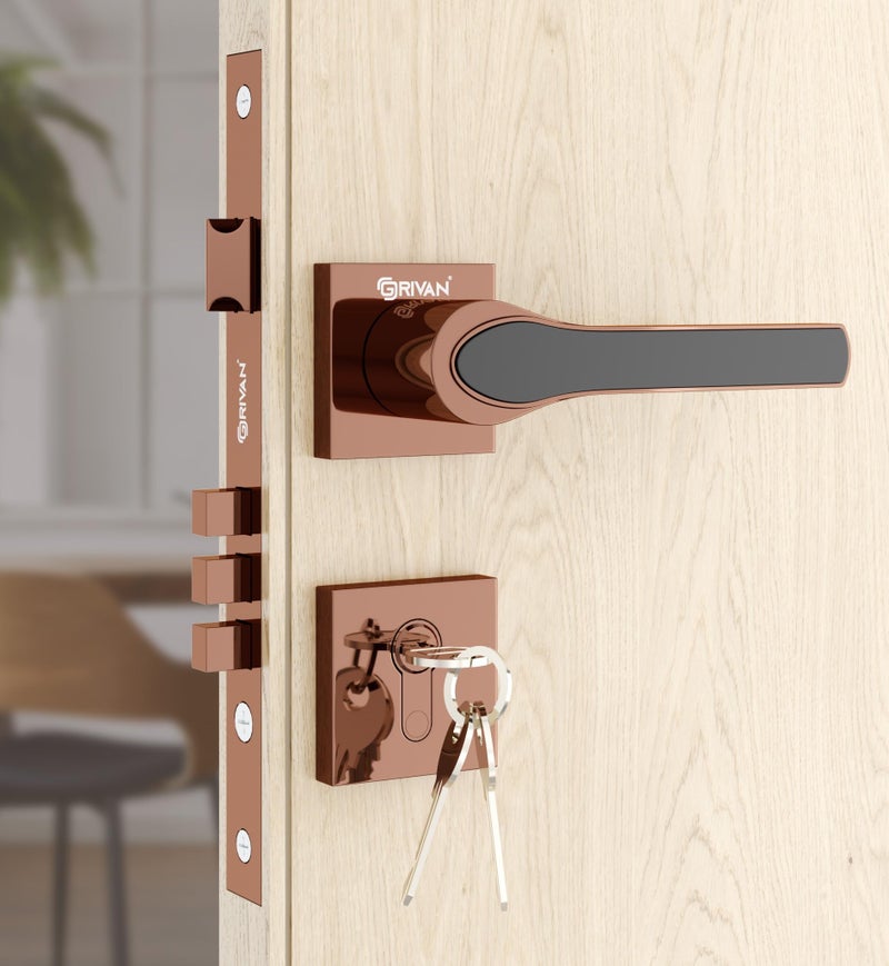GRIVAN Modern Door Locks for Main Door, Mortise Door Lock Set with 3 Brass Keys, Bedroom Door Lock, Handle Lock for Home/Office/Hotel (Rose Gold, Black Finish) | 2 Years Warranty - Image 1