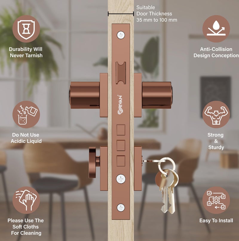 GRIVAN Modern Door Locks for Main Door, Mortise Door Lock Set with 3 Brass Keys, Bedroom Door Lock, Handle Lock for Home/Office/Hotel (Rose Gold, Black Finish) | 2 Years Warranty - Image 3