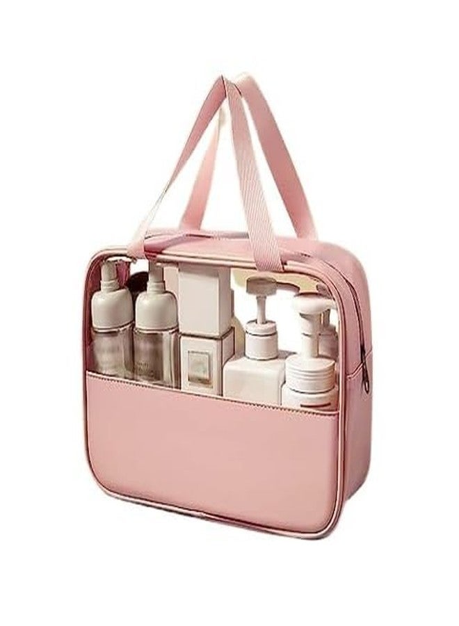 Salepush Transparent Cosmetic Bag Makeup Pouch Bag with Handle Clear Travel Toiletry Bag Leather Cosmetic Organizer for Women and Men (Medium, Pink) - Image 1