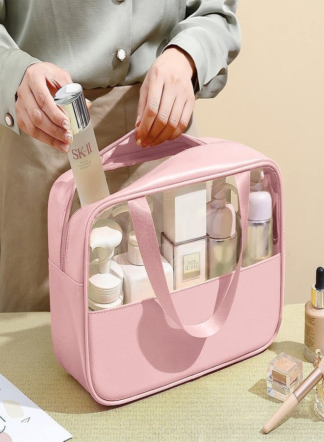 Salepush Transparent Cosmetic Bag Makeup Pouch Bag with Handle Clear Travel Toiletry Bag Leather Cosmetic Organizer for Women and Men (Medium, Pink) - Image 2