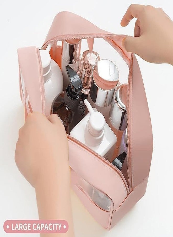 Salepush Transparent Cosmetic Bag Makeup Pouch Bag with Handle Clear Travel Toiletry Bag Leather Cosmetic Organizer for Women and Men (Medium, Pink) - Image 4