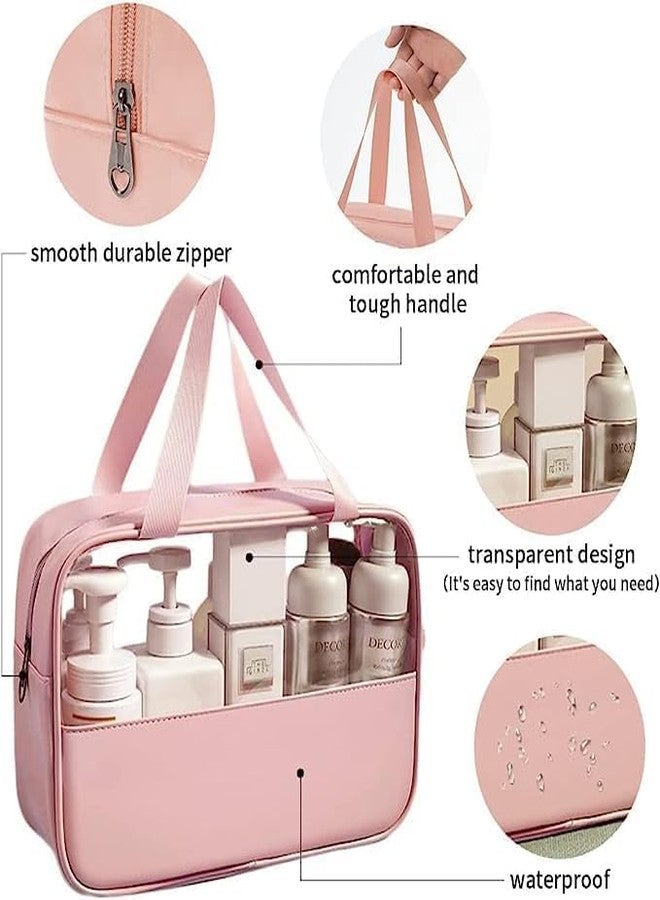 Salepush Transparent Cosmetic Bag Makeup Pouch Bag with Handle Clear Travel Toiletry Bag Leather Cosmetic Organizer for Women and Men (Medium, Pink) - Image 3