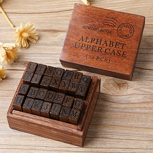 DIYOMR Vintage Letter Stamps Wood Rubber Stamps, 26Pcs Alphabet Stamps Set with Old Red Vintage Wooden Box for Gift Card Making Scrapbook DIY Ancient Typing Simulation (Uppercase, Print) - Image 4