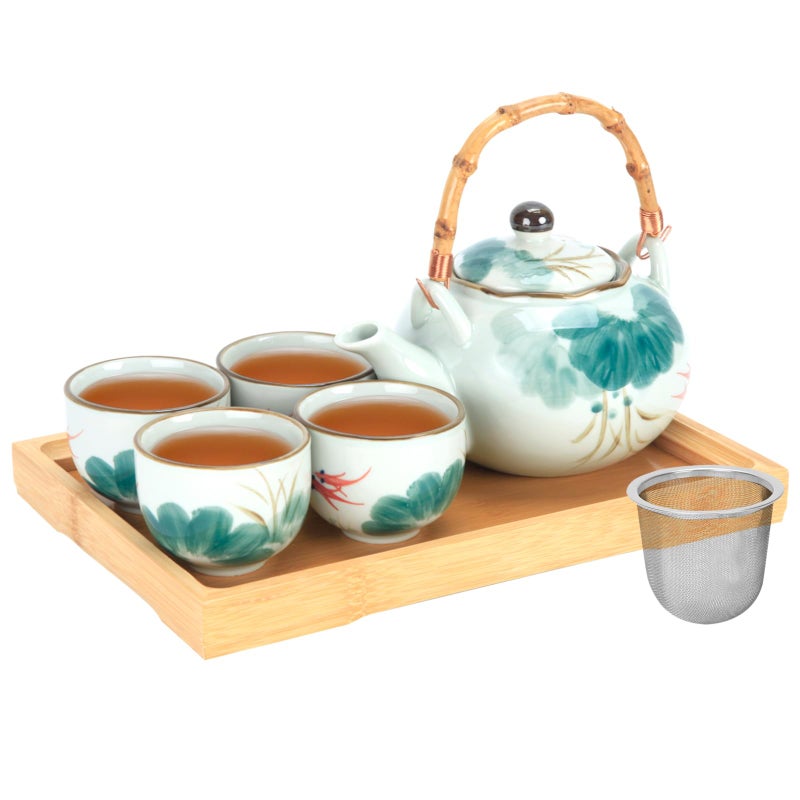 BEOZINZ Japanese Tea Set Porcelain Tea Set with Teapot and Tea Cup Set for 4, Green and White Tea Sets for Adults with Stainless Infuser and Bamboo Tray, Asian Tea Set for Tea Lovers/Women/Men (Lotus) - Image 1