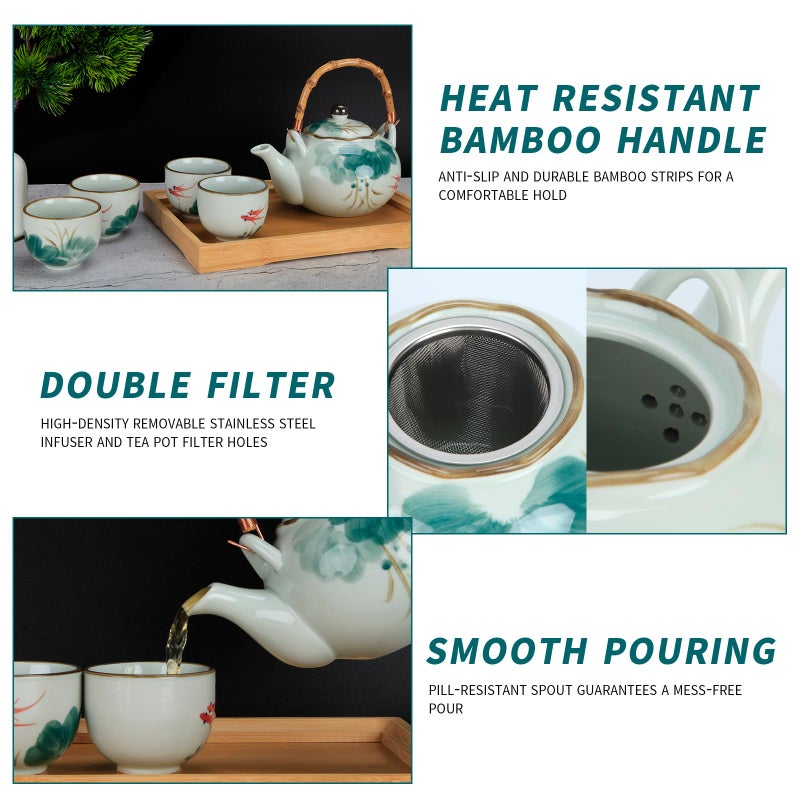 BEOZINZ Japanese Tea Set Porcelain Tea Set with Teapot and Tea Cup Set for 4, Green and White Tea Sets for Adults with Stainless Infuser and Bamboo Tray, Asian Tea Set for Tea Lovers/Women/Men (Lotus) - Image 3