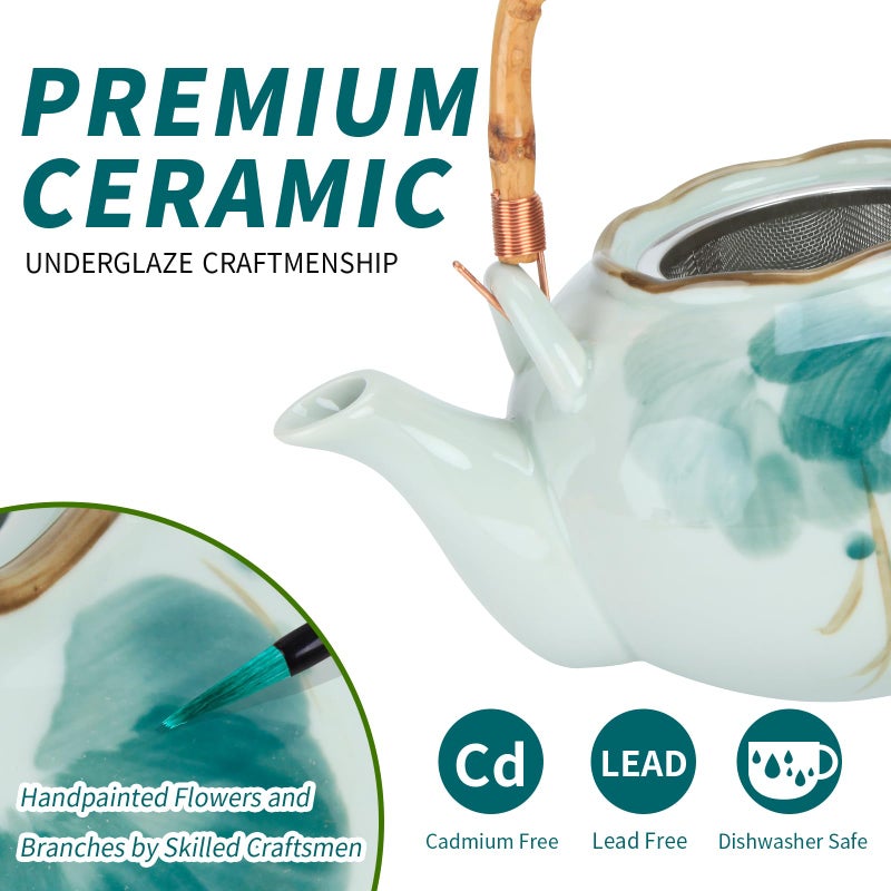 BEOZINZ Japanese Tea Set Porcelain Tea Set with Teapot and Tea Cup Set for 4, Green and White Tea Sets for Adults with Stainless Infuser and Bamboo Tray, Asian Tea Set for Tea Lovers/Women/Men (Lotus) - Image 2
