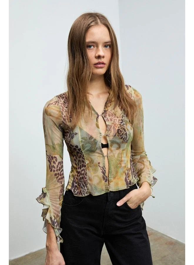 GRIMELANGE ZAVINE Women's Flexible Printed and Soft-Textured Mesh Fabric Clip-Closed Ruffled Multicolored Blouse.