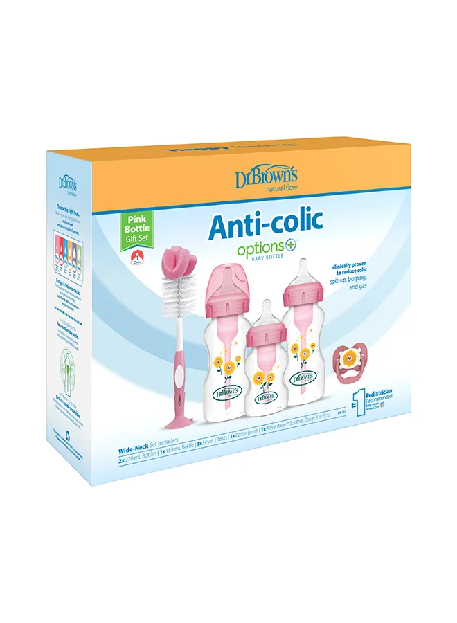 دكتور براونز PP W-N Anti-Colic Options+ Baby Bottle, PINK Gift Set (2x270 & 1x150 mL bottles, 1 bottle brush, 1 pacifier, 2 cleaning brushes)