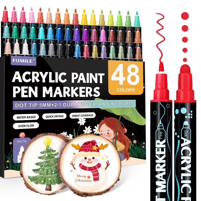 FUMILE 48 Colors Acrylic Paint Marker Dual Tip(Fine and Dot Tip), Paint Pens Acrylic Markers for Wood, Rock, Plastic, Glass, Ceramic, Canvas.Acrylic Markers Set for DIY Christmas Card and Art - Image 1