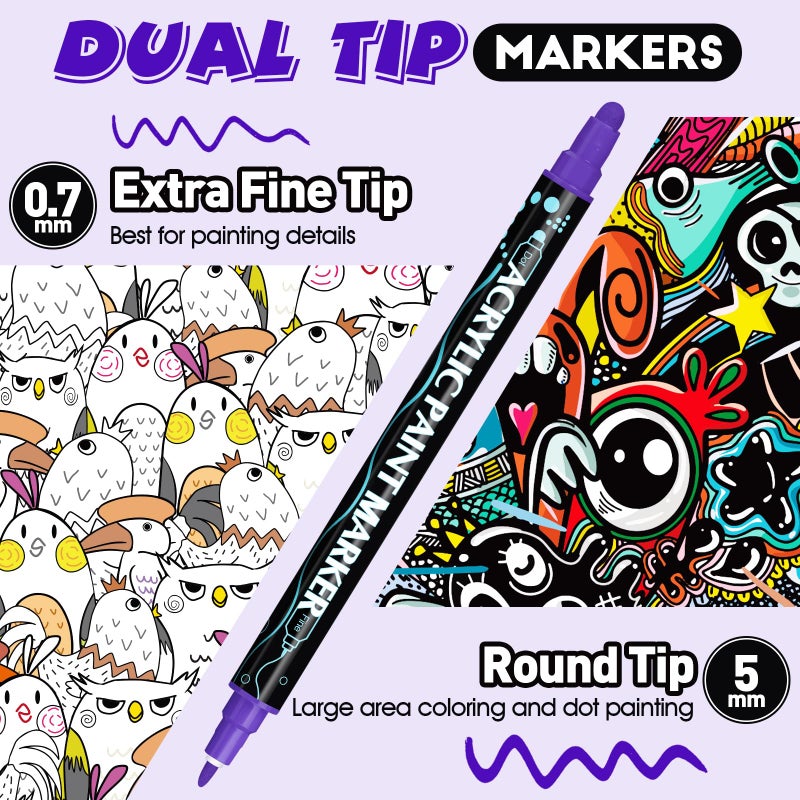 FUMILE 48 Colors Acrylic Paint Marker Dual Tip(Fine and Dot Tip), Paint Pens Acrylic Markers for Wood, Rock, Plastic, Glass, Ceramic, Canvas.Acrylic Markers Set for DIY Christmas Card and Art - Image 2